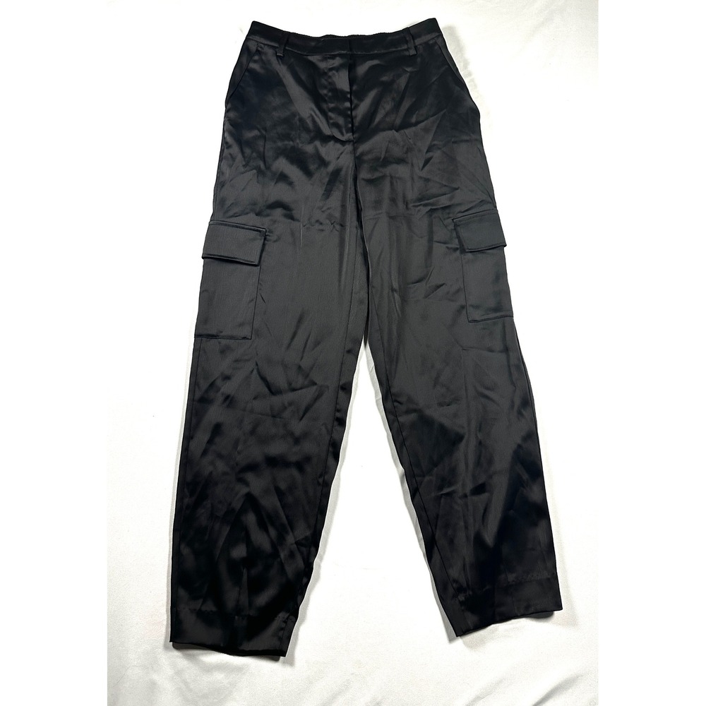 Nicole Miller New York Black Satin Cargo Pants High Rise Straight Leg Small